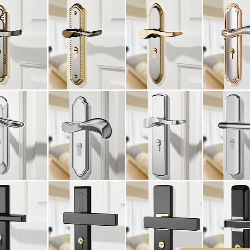 房门锁家用通用型卧室内门黑色锁具三件套老式门把手旧门换锁--L款银【整套】-35--45MM