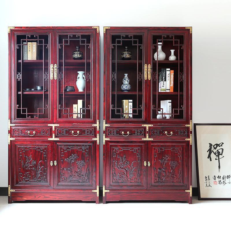 中式书柜全实木书橱物组合榆木置物架带玻璃花仿古展示柜落地_555 铜件升级书柜一对1-1.2米宽
