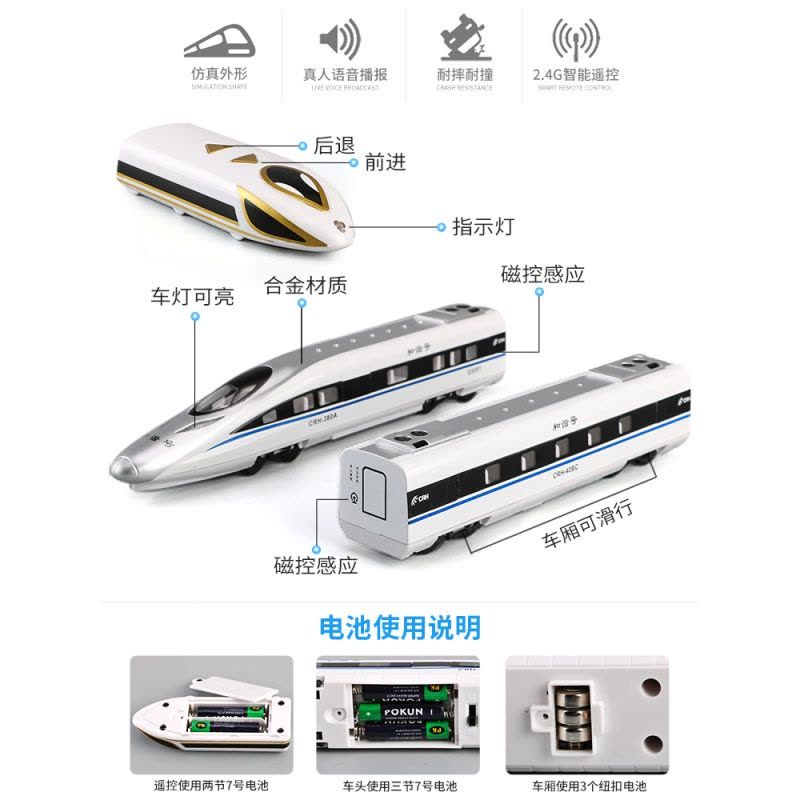 和谐号儿童电动遥控小火车儿童仿真合金高铁动车组模型男孩玩具车 2节遥控复兴号红+站台+轨道图片