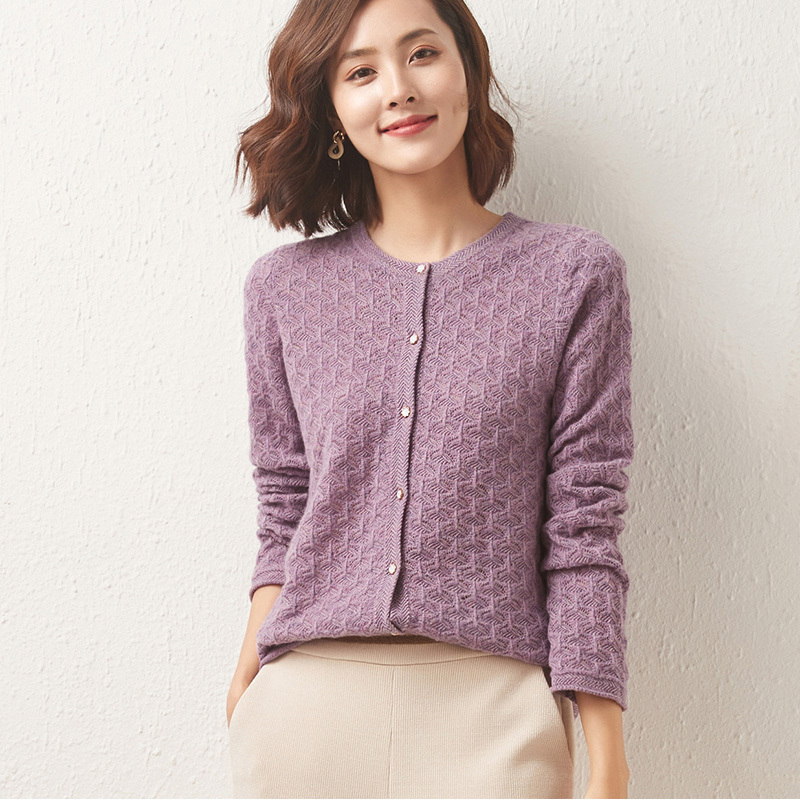 雪米贝奴21新款纯色镂空羊毛开衫女外套圆领针织毛衣外穿