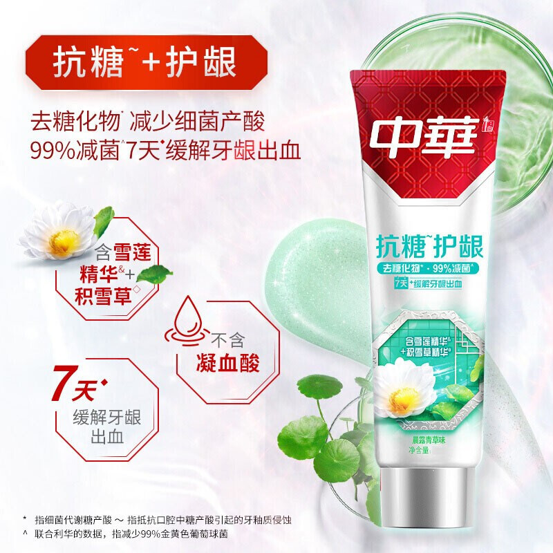 中华zhonghua中华抗糖牙膏护龈护齿修护牙釉质家庭装抗糖净白晨露青草