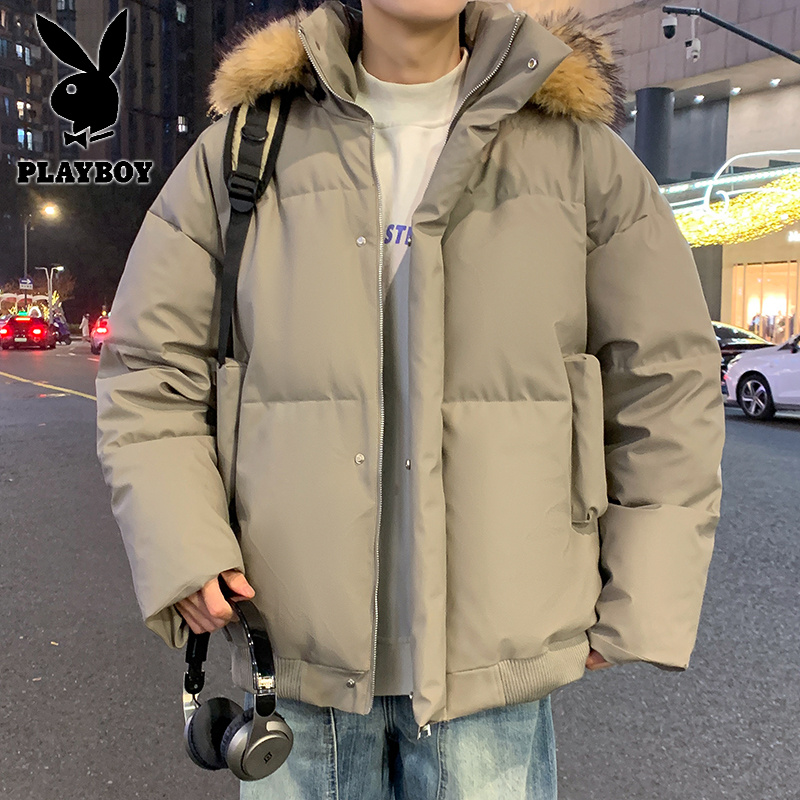 花花公子新款高品质秋冬加厚毛领棉衣男港风皮感品质棉服高清大图