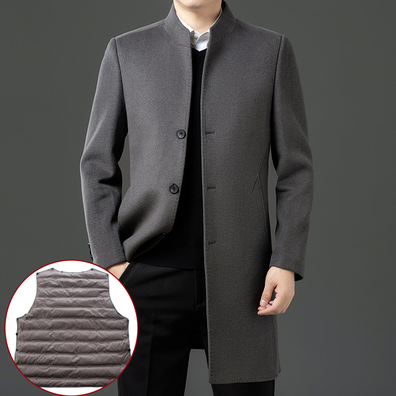 双面呢鹅绒内胆男士羊绒大衣羽绒内胆可拆卸中青年羊毛呢子中长款外套爸爸针织上衣服活里活面鹅绒内胆风衣中老年羽绒外套大码冬装高清大图