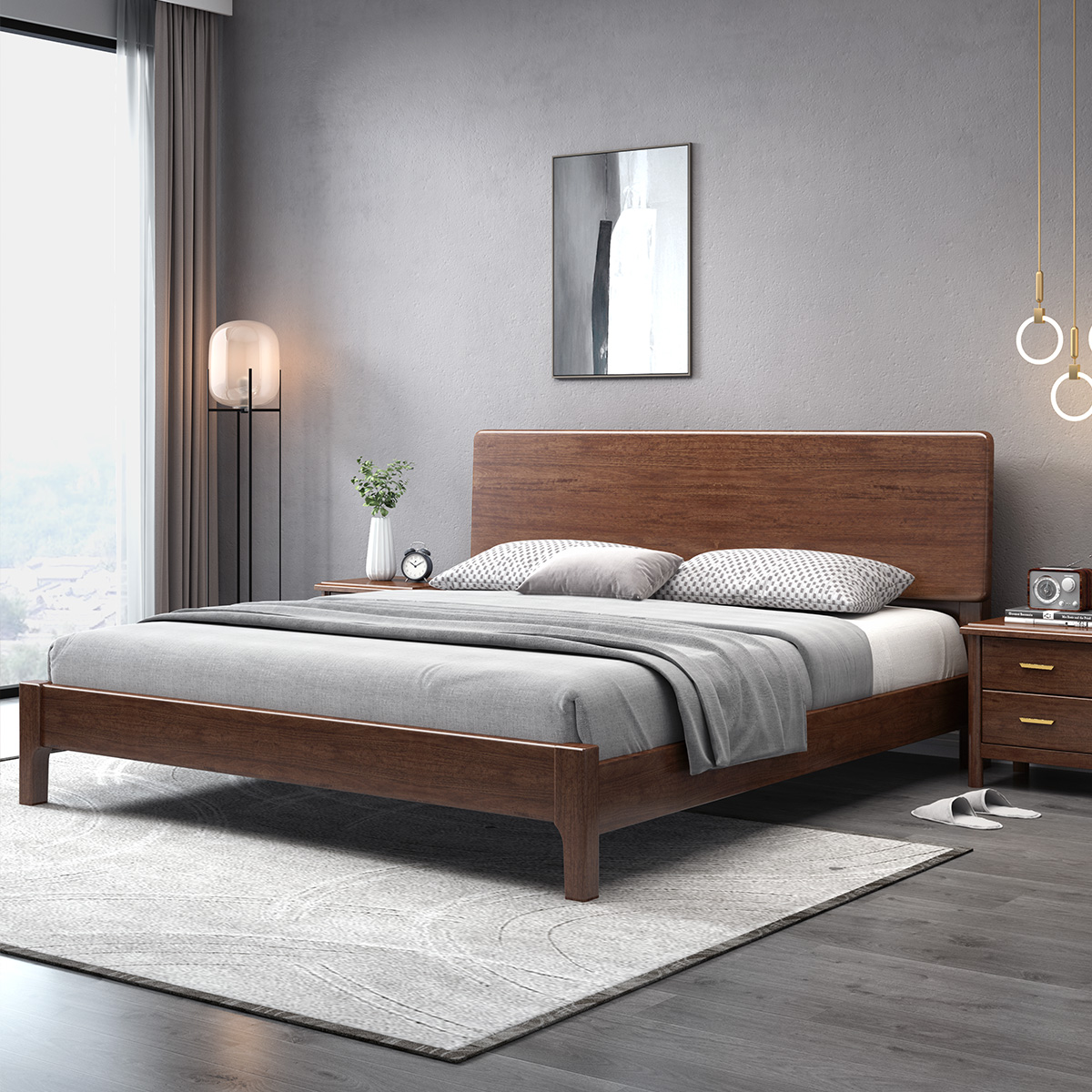 月影梳桐北欧实木床卧室胡桃木经济型简约现代双人简易出租房屋床工厂