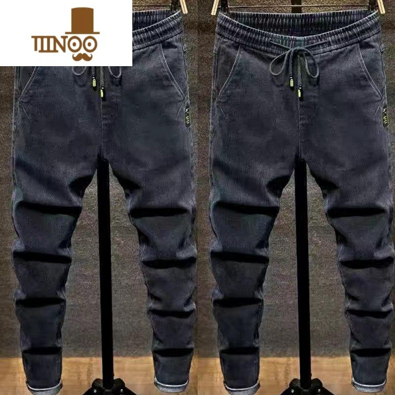 YANXU款松紧腰牛仔裤男宽松直筒弹力长裤子韩版百搭系带男士休闲休高清大图