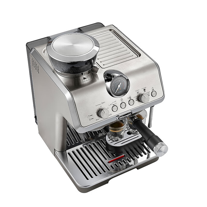 德龙(Delonghi)咖啡机 骑士系列半自动咖啡机 冷萃技术 意式家用 一体式研磨器 小巧机身 EC9255.M 银色