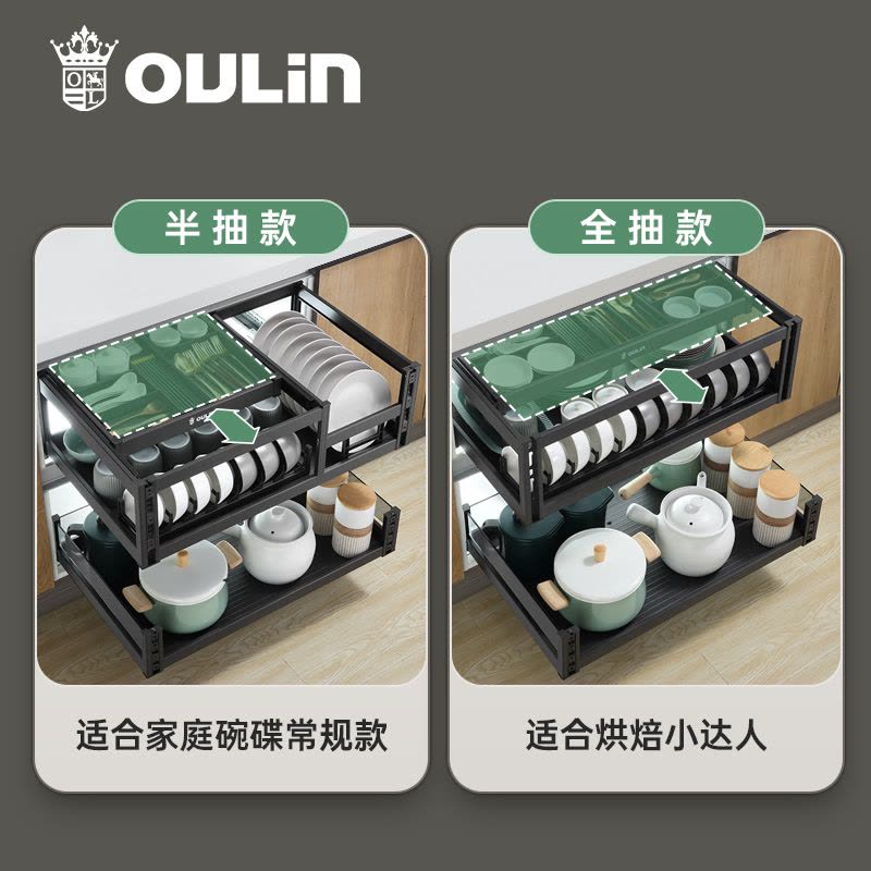 欧琳拉篮厨房橱柜LLW2011CH 厨房拉篮双层碗篮抽屉式 抽中抽碗碟调味工具篮图片