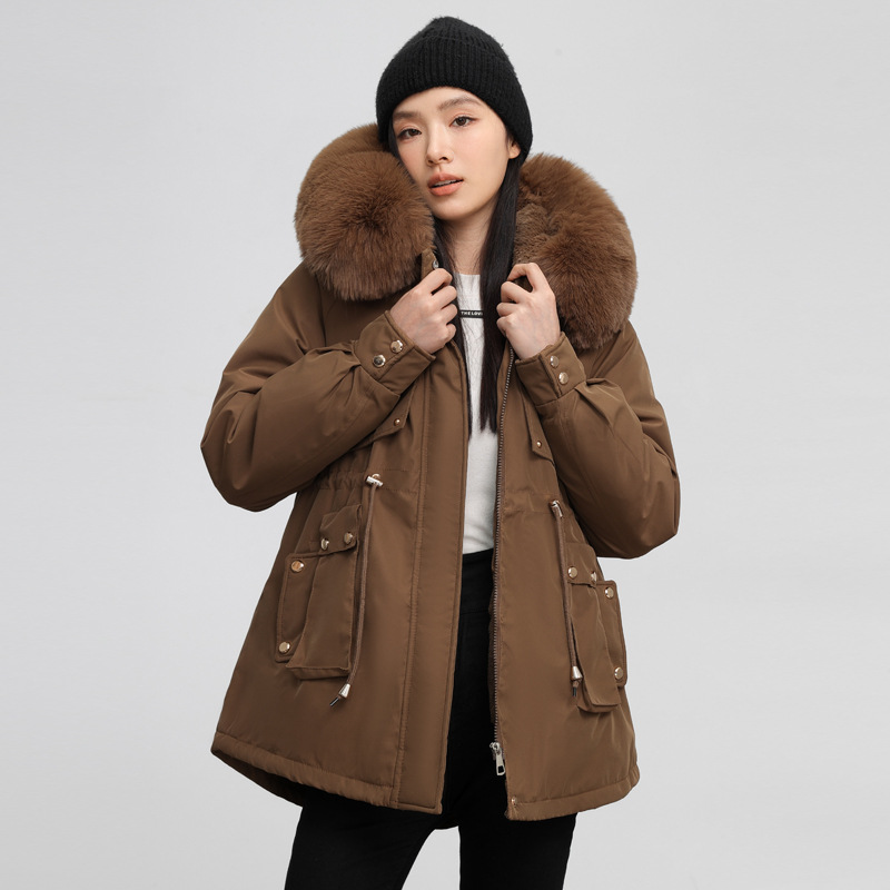 加绒加厚派克服女冬季2024新款大毛领可拆卸连帽洋气宽松棉服外套高清大图