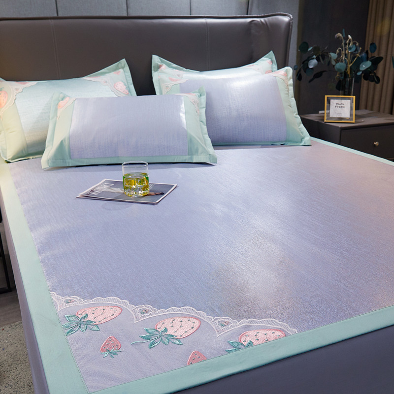 美帮汇夏季凉席1.8m床席子冰丝凉席1.5空调软席三件套可水洗可折叠2.0米 冰沁(草莓-紫) 1.5m（5英尺）床