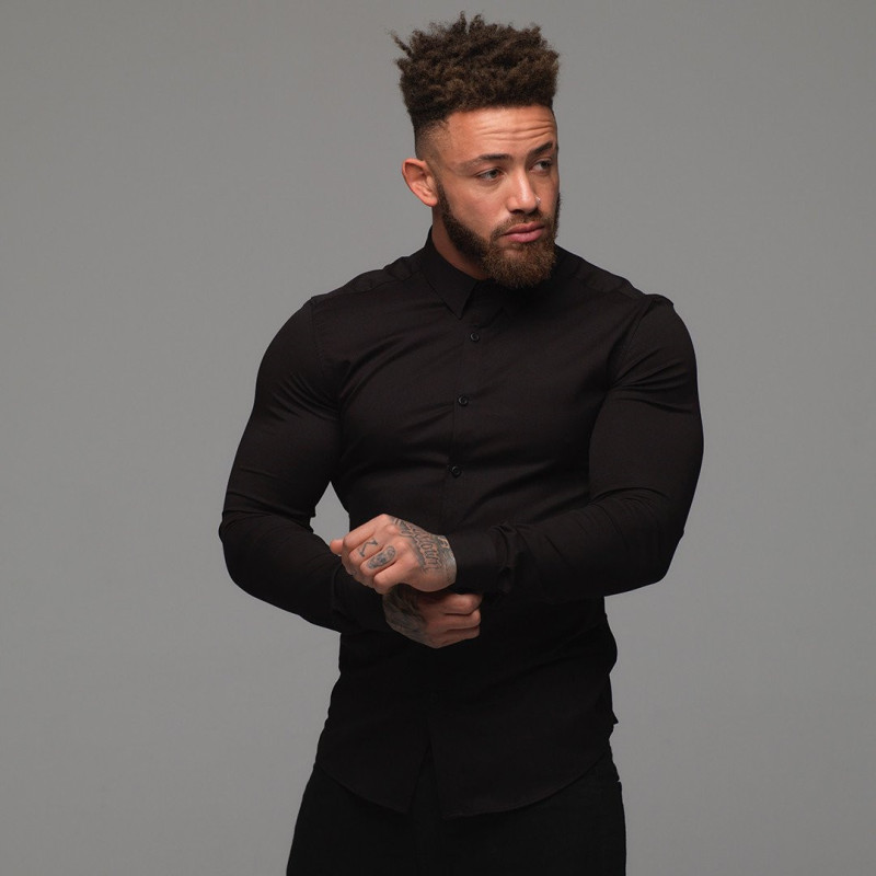 肌肉男健身衬衫男士跑步运动修身寸衫高弹力商务休闲免烫长袖衬衣衬衫