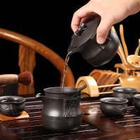 尚帝 整套紫砂功夫茶具套装黑檀木茶盘实木茶壶茶杯茶道电茶炉四合一 蝙蝠紫砂福竹智能旋转加水套装