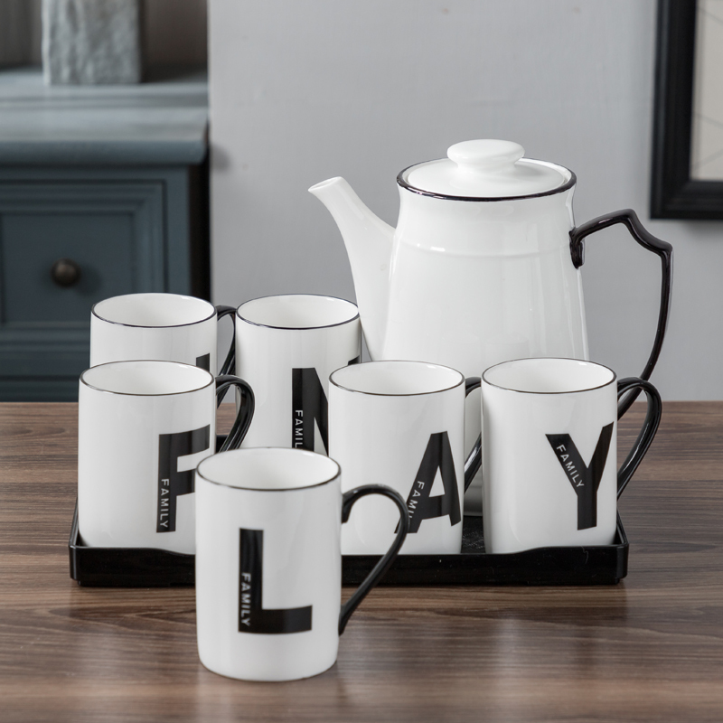 美帮汇欧式水具套装 家用 客厅 冷水壶陶瓷大容量 简约黑白茶杯耐用高温高清大图