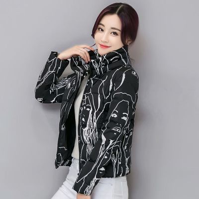 反季印花小棉袄轻薄棉衣女短款修身韩版羽绒棉服新款加厚大码特价 黑色 M 70斤-85斤