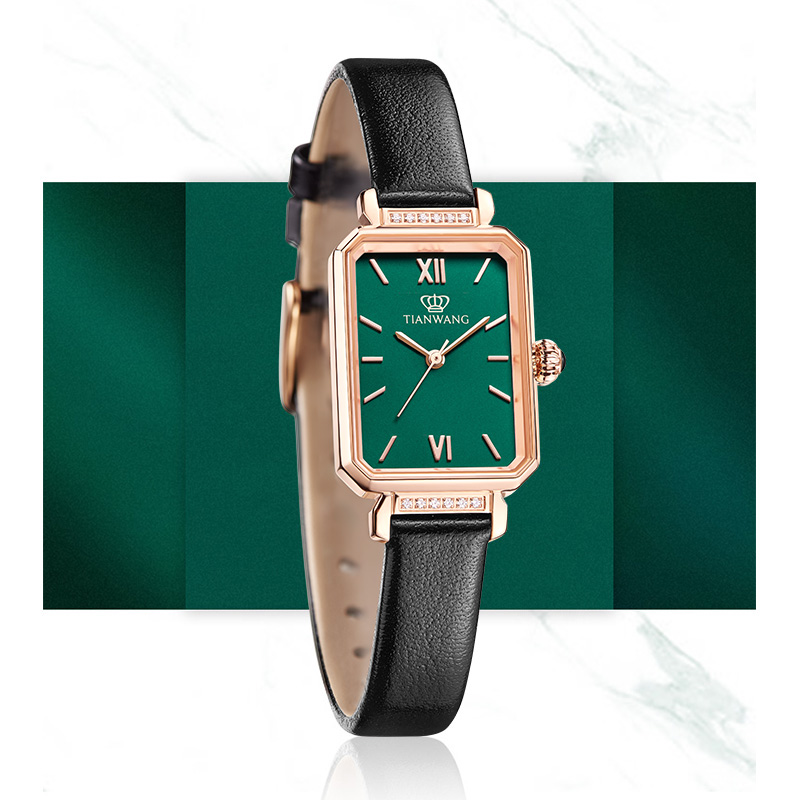 天王女士手表石英表轻奢复古小绿表防水皮带女表送女友老婆生日礼物推荐31283高清大图