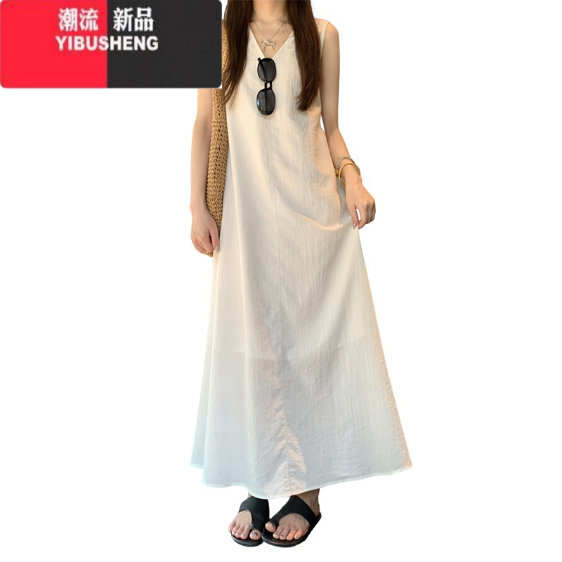 YIBUSHENG无袖v领白色连衣裙子女季2024年新款海边度假大方得体背心长裙