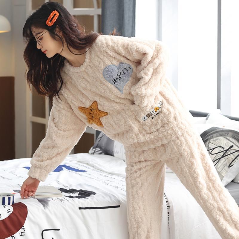 啄木鸟新款珊瑚绒睡衣女加绒加厚冬季休闲家居服保暖套装女可外休高清大图