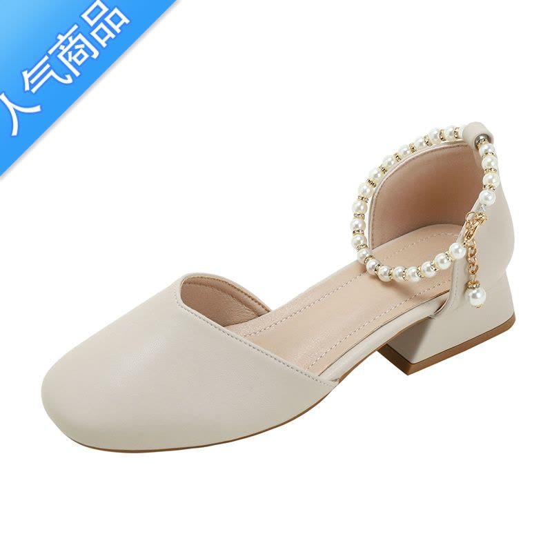 SUNTEK粗跟单鞋女2023新款春夏包头凉鞋仙女风配裙子温柔鞋中跟玛丽珍鞋图片