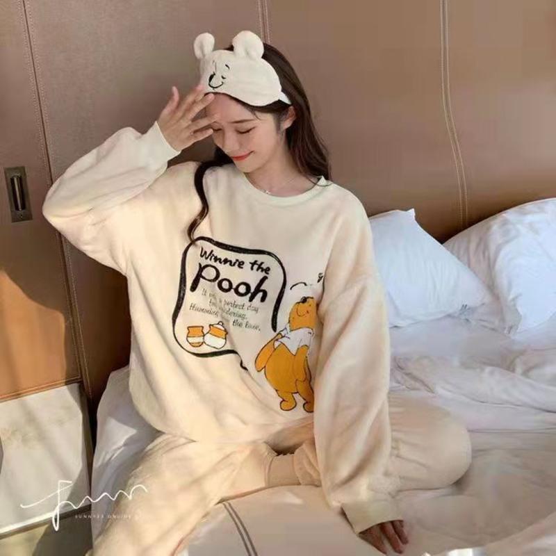 米色#维尼熊[加厚加绒] M [80-100斤] 睡衣女冬季加厚长毛绒开衫长袖睡衣套装休闲舒适ins家居服可外穿