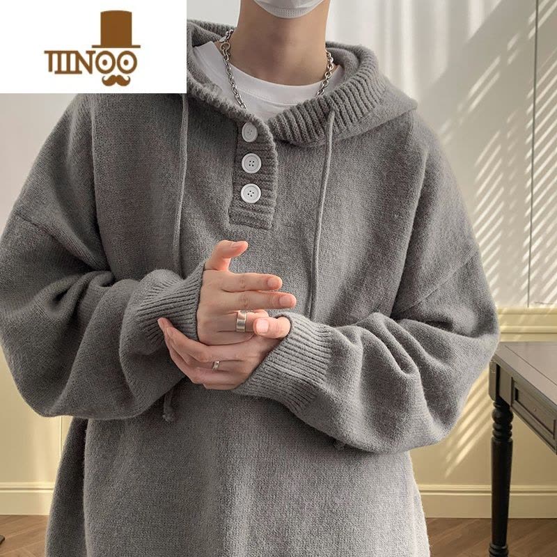YANXU连帽毛衣男日系复古慵懒外套oversize戴帽子针织衫卫衣图片