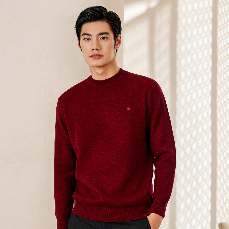 恒源祥羊毛衫男纯羊毛加厚冬季本命年大红色毛衣女打底情侣装