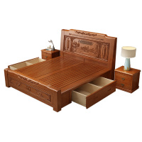 茂楠 实木床双人储物高箱床雕花仿红木仿古中式床1.8米+床头柜*1