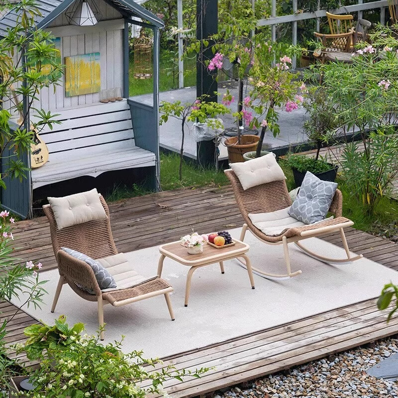 紫叶檀花贵妃椅阳台躺椅藤沙发单人小户型卧室家用简约民宿贵妃榻 【3件套】沙发椅+摇椅+茶桌