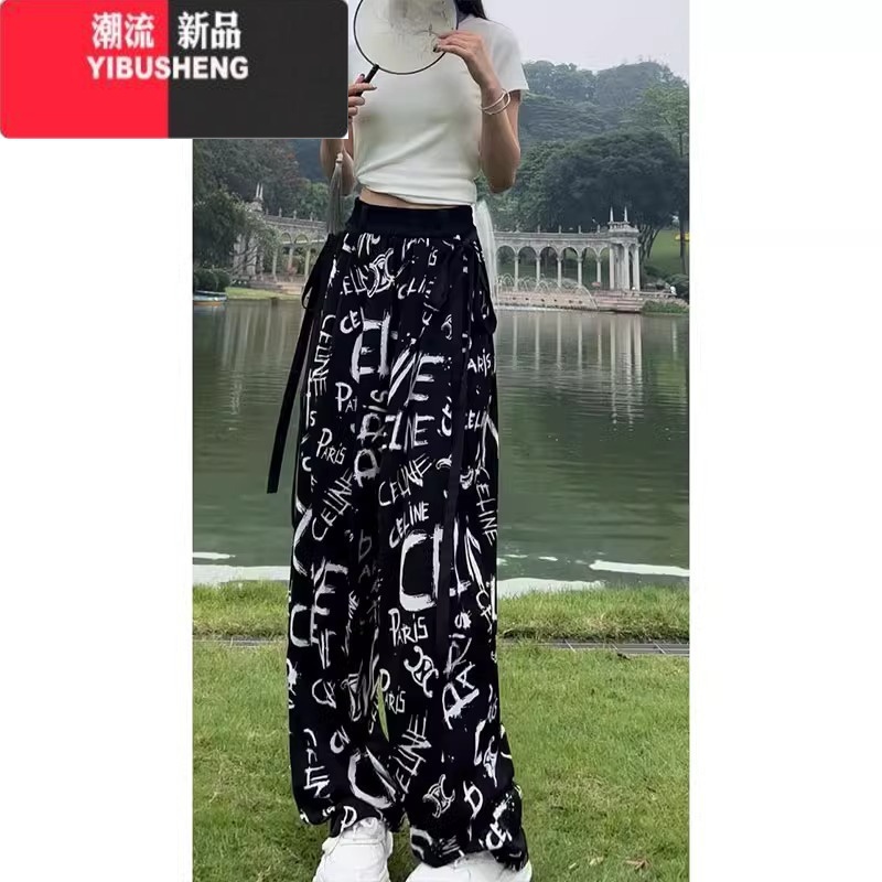 YIBUSHENG垂感字母涂鸦飘带阔腿休闲裤女季薄款大码宽松冰丝轻柔防蚊花阔高清大图