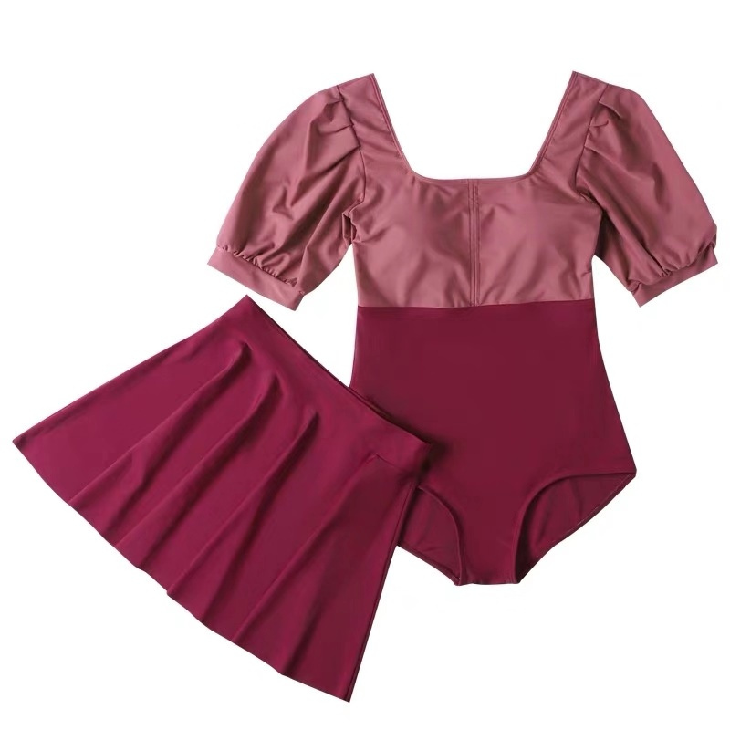 温泉泳衣女裙式连体短袖泡泡袖学生显白保守复系泳衣女