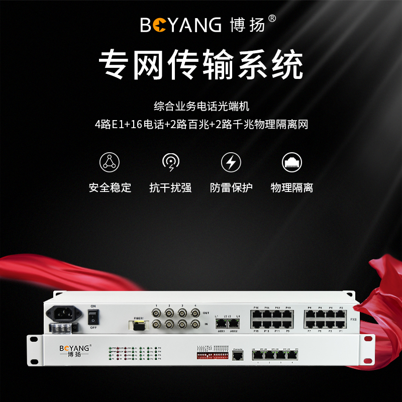 博扬 综合业务电话光端机 4路E1+16电话2百兆物理隔离2千兆物理隔离网 BY-4E1-16P2FV2GV-40KM