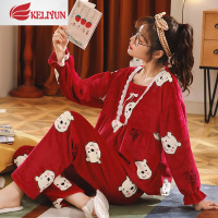 可莉允珊瑚绒睡衣女秋冬款加厚加绒可爱大码胖mm200斤法兰绒家居服套装睡衣