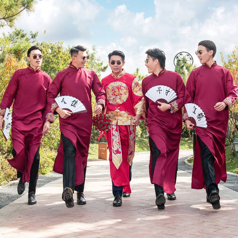 酒红色刺绣160伴郎服中式婚礼男士长衫兄弟团结婚礼服中国风唐装长袍