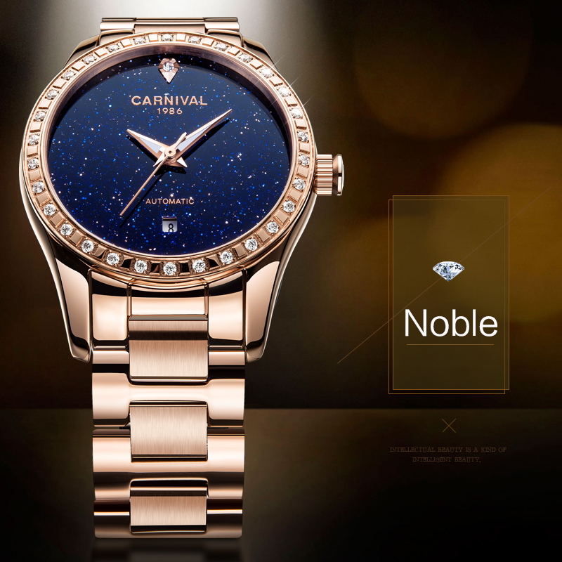 正品嘉年华Carnival手表新款女士全自动机械表 女款镶钻镂空简约款防水时尚潮流女表星空表盘8011L高清大图