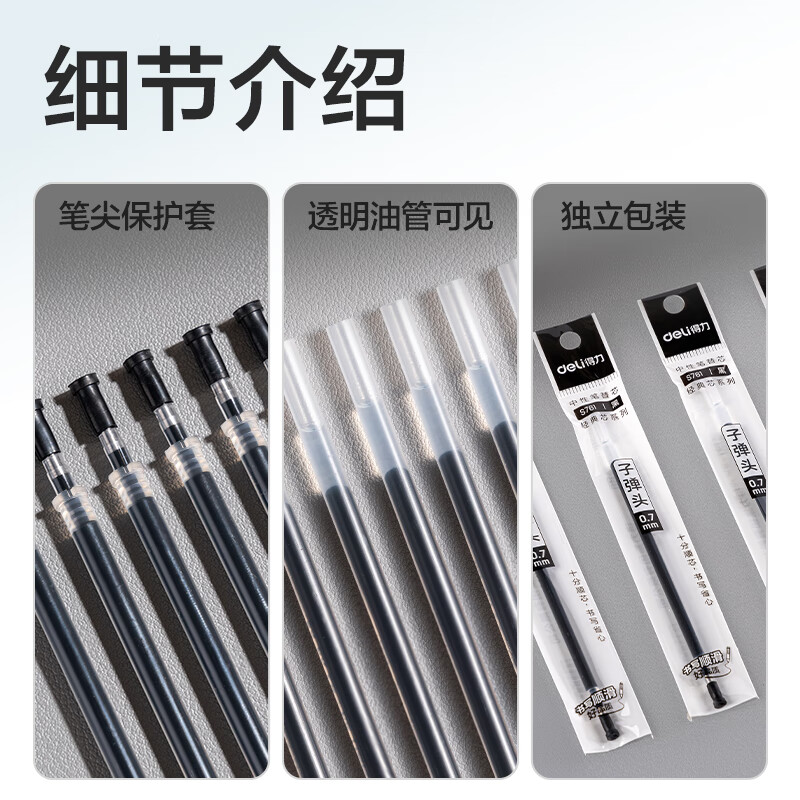 得力(deli)0.7mm拔帽中性笔笔芯子弹头替芯 办公用品 黑色20支/盒S761 开学文具高清大图