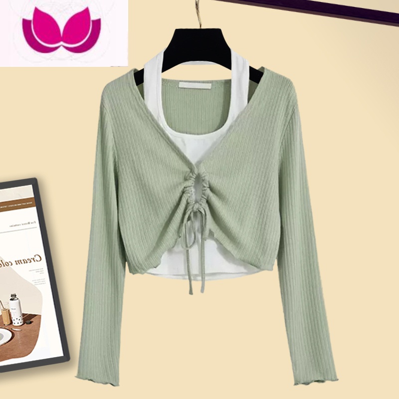 七斓早春季盐系穿搭套装网红洋气不规则抽绳上衣百褶裙短裙套女生 绿色上衣 XL