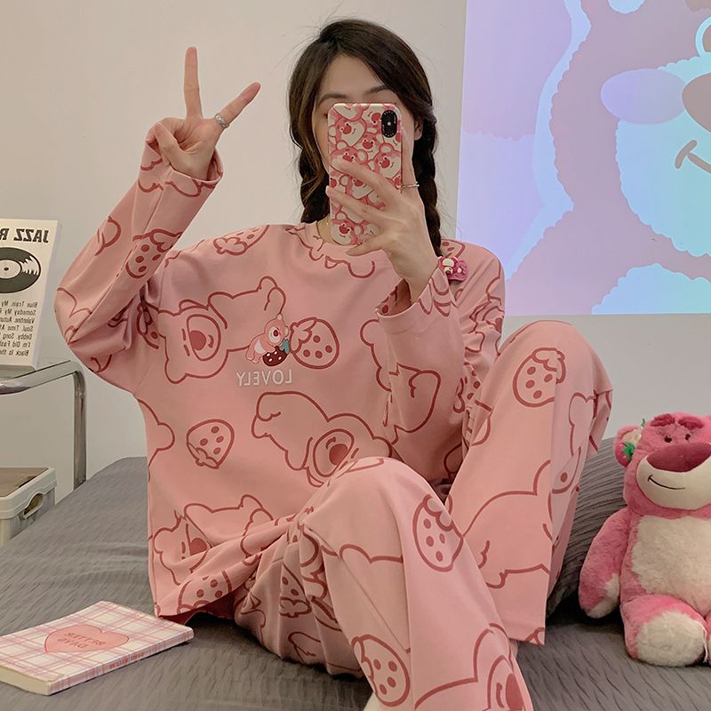 棉高档棉睡衣女春秋季长袖2023年新款学生可爱家居服套装 2XL推荐【140-160斤】 全棉-8002