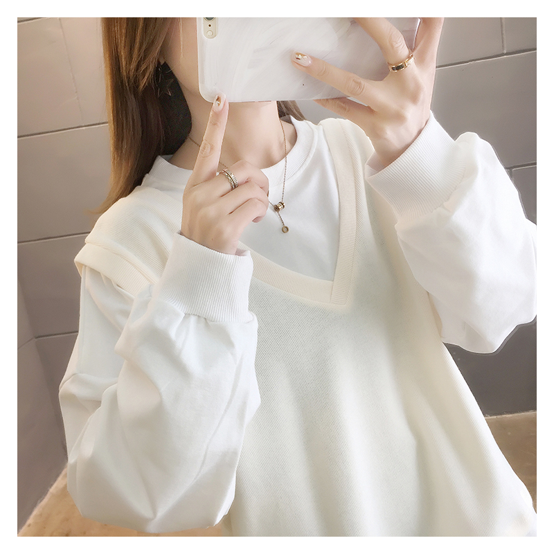 SUNTEK秋冬新款减龄假两件马甲卫衣女加大码女装上衣女200斤外套女宽松t外套短外套