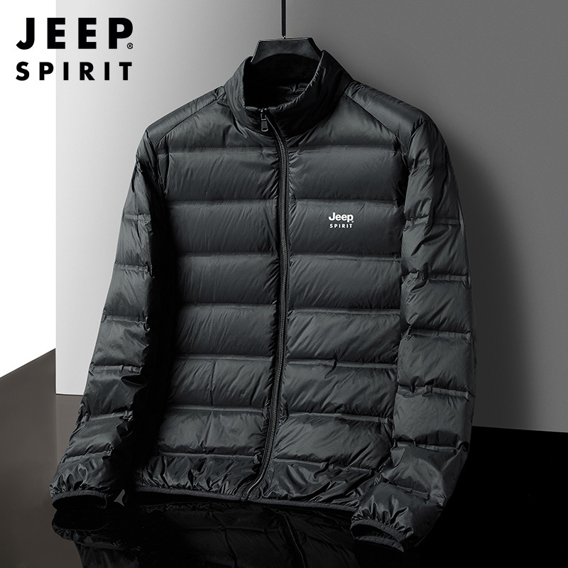 JEEP SPIRIT吉普保暖轻薄羽绒服宽松大码立领短款外套秋冬防寒保暖白鸭绒上衣 黑色 XXL