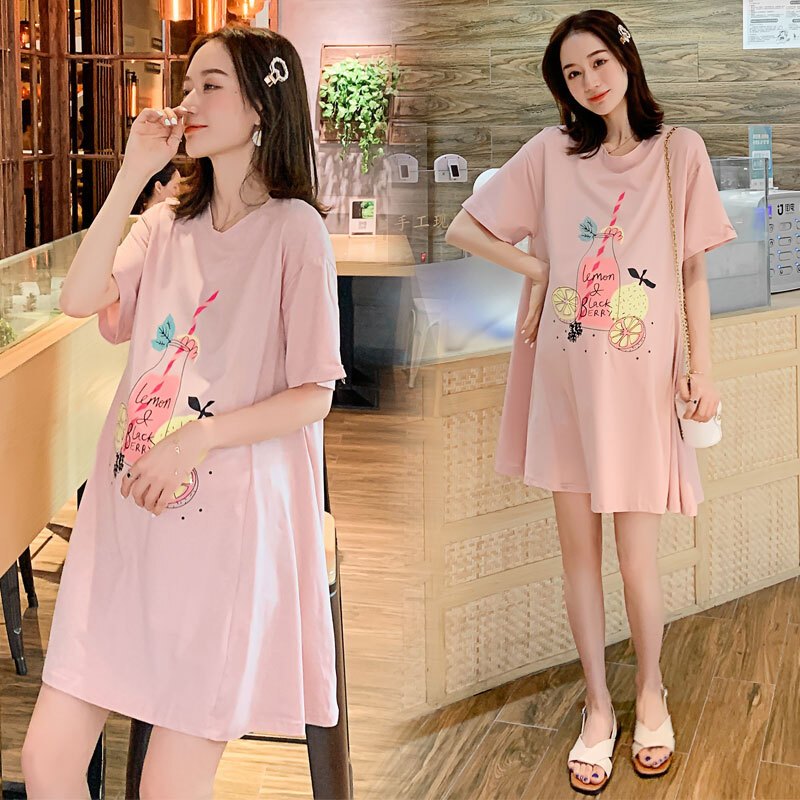 迪鲁奥(DILUAO) 孕妇装连衣裙夏季纯棉宽松中长款大码短袖夏装上衣T恤孕妇裙