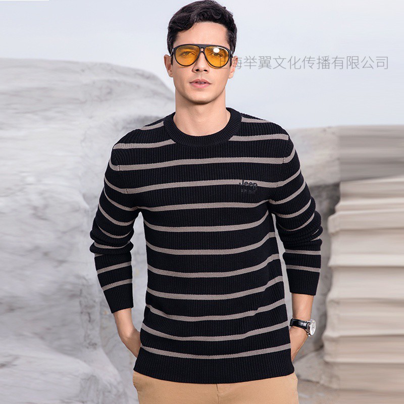 Jeep spirit吉普男士圆领毛衣百搭冬季新款针织上衣服宽松间色条纹潮 黑色 XXL