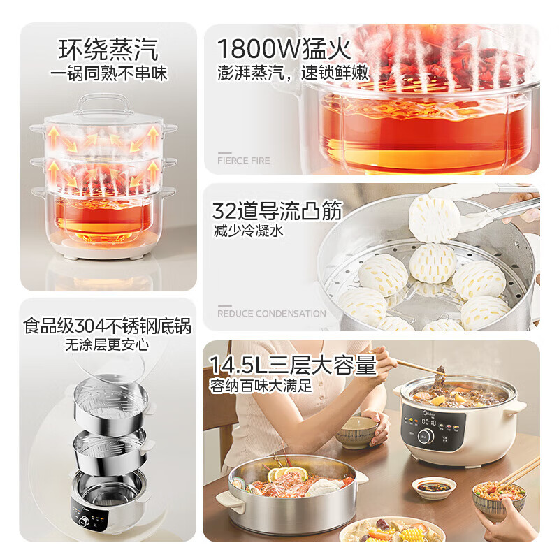 美的(Midea)电蒸锅电煮锅不锈钢14.5L大容量蒸锅炖蒸煮一体多功能锅蒸包子蒸馒头 MZ-ZGC2899高清大图