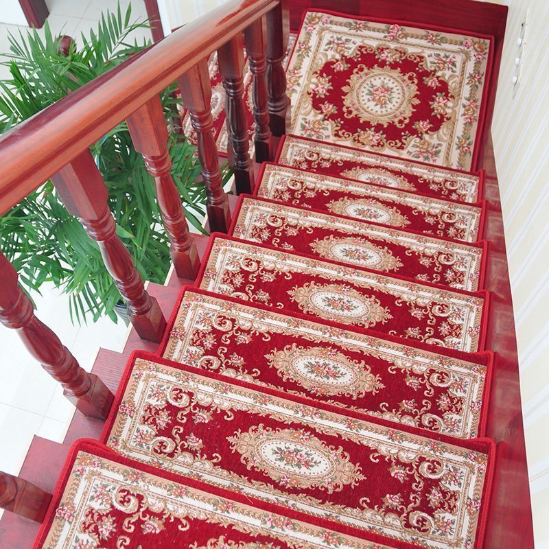家柏饰(CORATED)欧式楼梯踏步垫免胶自粘实木家用楼梯垫踏步垫楼梯防滑垫楼梯地毯 179酒红 26*90*3cm免胶底折边款