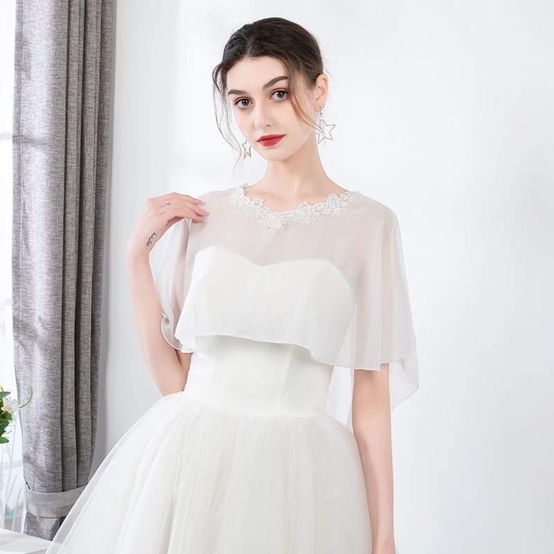 白色雪纺网纱礼服蕾丝小披肩夏百搭短款坎肩婚纱旗袍披肩外搭配裙子女