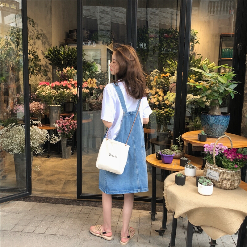 怪兽女夏牛仔背带裙2018新款韩版学生宽松大码显瘦a字中裙连衣裙蓝色