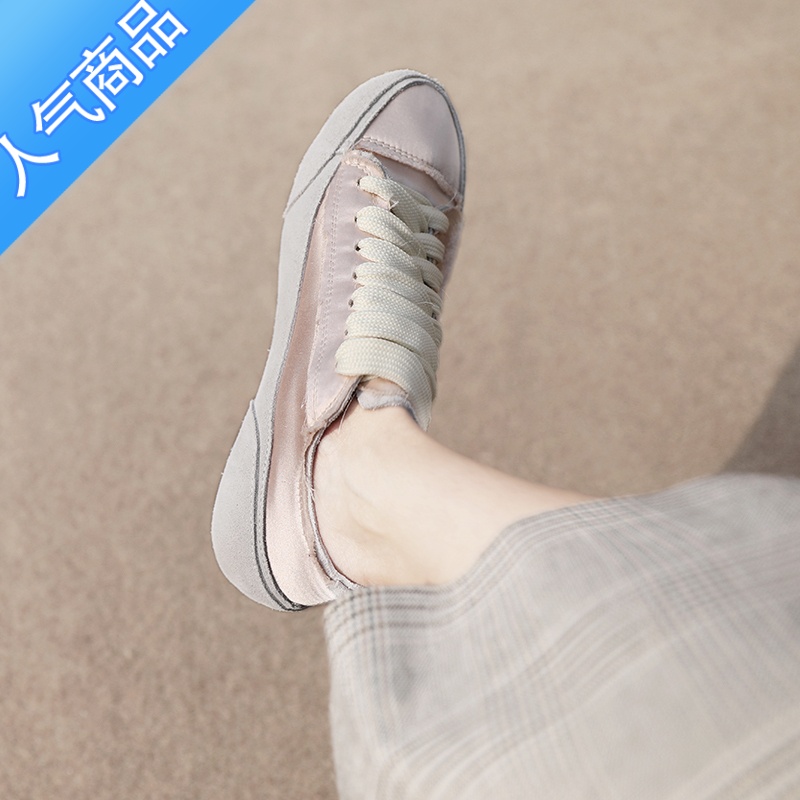 SUNTEK西班牙绸缎小白鞋女夏季平底百搭小众帆布鞋厚底软底板鞋休闲单鞋 香槟粉超软底升级版 37