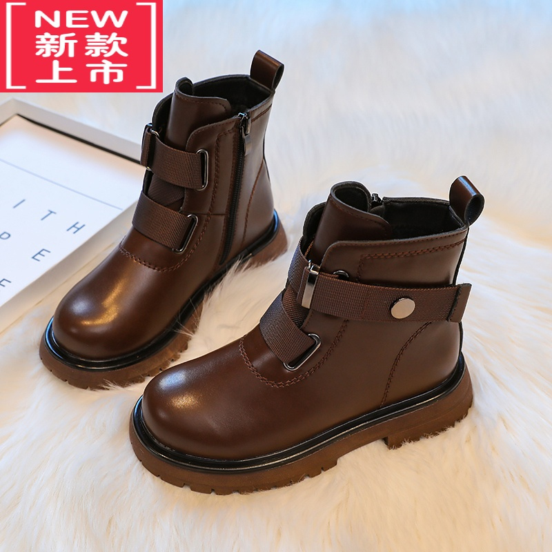 可莉允女童靴子2022新款秋冬儿童马丁靴中大童短靴加绒棉鞋女孩黑色皮靴