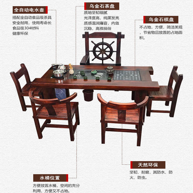 锦北茶台老船木茶桌椅组合中式家具功夫小茶几茶艺茶具套装一体1.6米高清大图