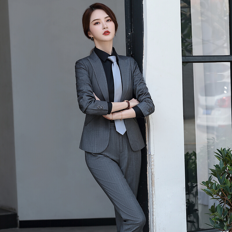 岚心云男女职业装同款套装新款售楼部工作服面试正装女商务条纹西装