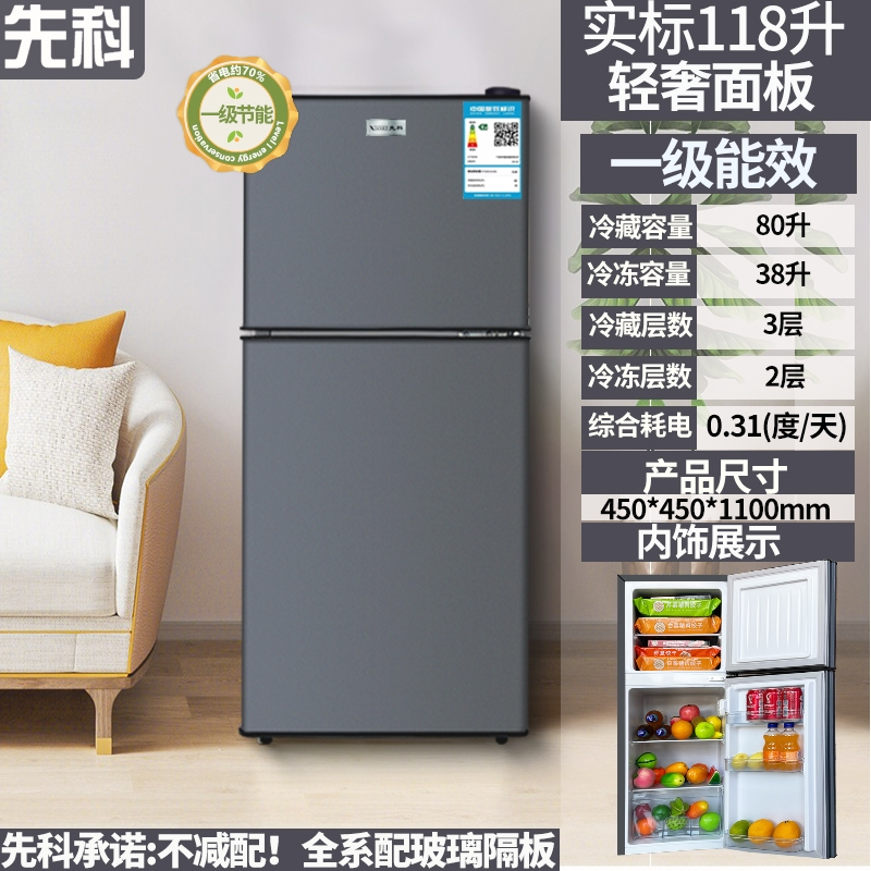 一级节能先科新款小冰箱家用小型迷你宿舍租房用冰箱双开门 118升一级