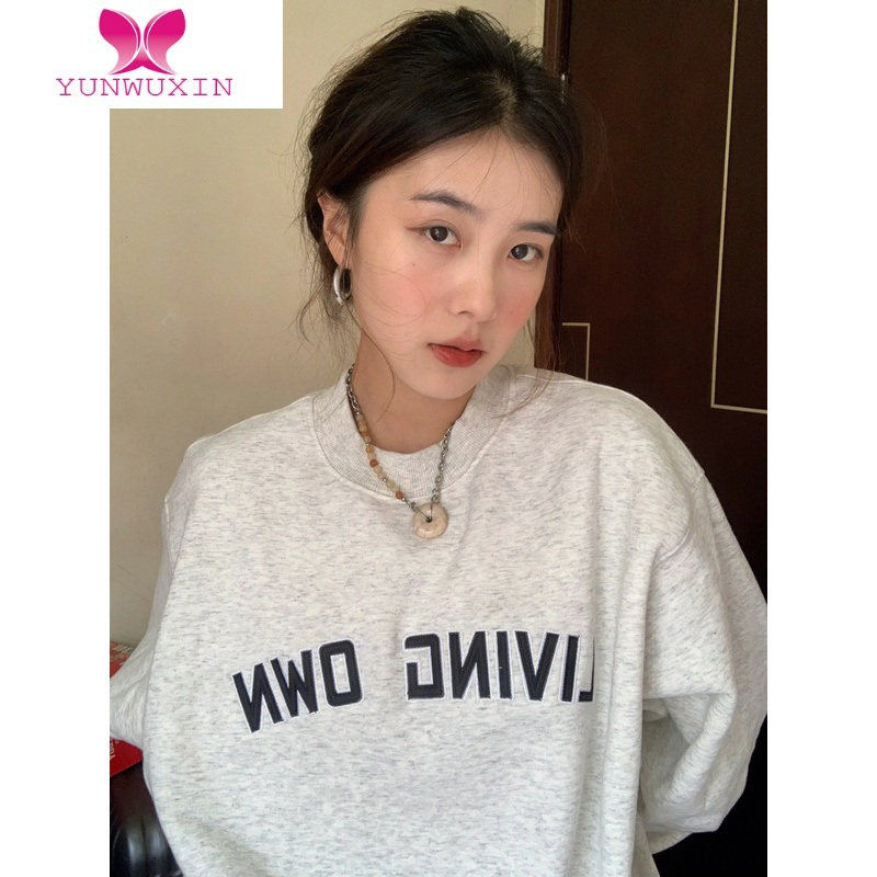 YUNWUXIN字母印花宽松圆领灰色卫衣女美式设计感小众宽松落肩长袖上衣