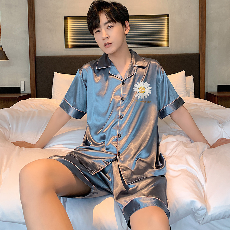 冰丝男士睡衣春夏季短袖薄款夏天青少年丝绸男式家居服加大码套装